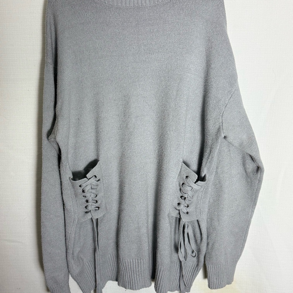 Poof Gray Corset Side Lace Up Mock Neck Oversized Knit Sweater Women L - Picture 2 of 9